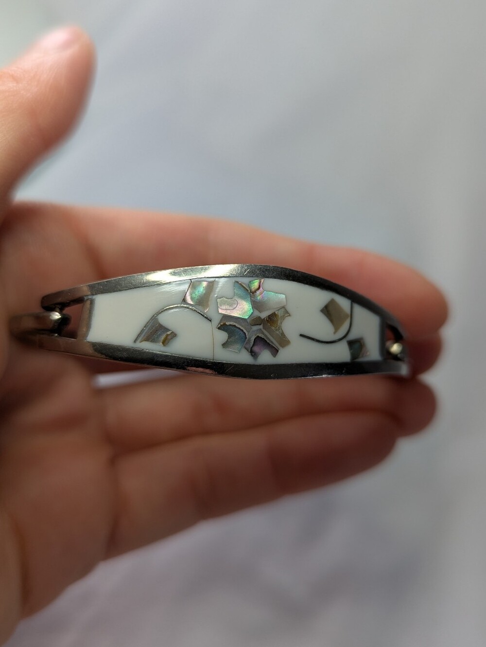 White Inlay Silver Floral Cuff Bracelet